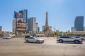 Las Vegas Ballys Hotel, and Paris Hotel and Casino, street view, traffic, sunny day, clear blue sky background