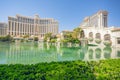 Las Vegas Bellagio Hotel and Caesars Palace, and water fountain in a bright sunny day