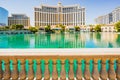 Las Vegas Bellagio Hotel and Caesars Palace, and water fountain in a bright sunny day