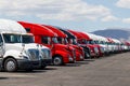 International and Volvo Semi Tractor Trailer Trucks Lined up for Sale. International is owned by Navistar VII