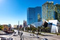 Las Vegas glass towers along busy roads. Sunny day, blue sky