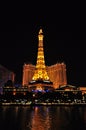 LAS VEGAS, NEVADA, USA - APRIL 22, 2015 : Night view of the dancing fountains of Bellagio and the Eiffel Tower Royalty Free Stock Photo