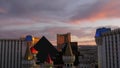 LAS VEGAS, NEVADA USA - 4 MAR 2020: Excalibur castle and Luxor pyramid casino uncommon aerial view. Plane flying from McCarran