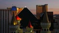 LAS VEGAS, NEVADA USA - 4 MAR 2020: Excalibur castle and Luxor pyramid casino uncommon aerial view. Plane flying from McCarran Royalty Free Stock Photo