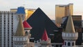 LAS VEGAS, NEVADA USA - 4 MAR 2020: Excalibur castle and Luxor pyramid casino uncommon aerial view. Plane flying from McCarran Royalty Free Stock Photo