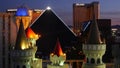 LAS VEGAS, NEVADA USA - 4 MAR 2020: Excalibur castle and Luxor pyramid casino uncommon aerial view. Plane flying from McCarran