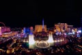 Las Vegas, Nevada, USA - October 31, 2019: Night view of Las Vegas Bellagio Hotel and Casino fountain and other hotels on Strip Royalty Free Stock Photo