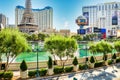 Las Vegas, Nevada, view of Paris Las Vegas Hotel, Replica of Eiffel Tower in Paris and Hotel Planet Hollywood