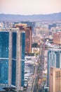 LAS VEGAS, NV - JUNE 29, 2018: Sunset aerial view of Casinos and Hotels along The Strip. This is the famous city road full of Royalty Free Stock Photo