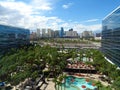 Las Vegas skyline view from Hardrock hotel with blue sky and clouds, pool, trees September 2018 Royalty Free Stock Photo