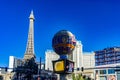 Las Vegas, USA January 18, 2023: The famous Eiffel Tower and its hot air balloon at the Paris Las Vegas Strip hotel, casino.