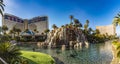 Las Vegas USA January 19, 2023: Panoramic view of the lake and volcano from The Mirage casino and Treasure Island Hotel