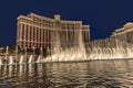 Las Vegas Bellagio Hotel Casino, featured with its world famous fountain show, at night with fountains  in Las Vegas, Nevada Royalty Free Stock Photo