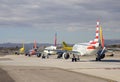 Las Vegas. Many planes in line waiting to take off. Queue of airplanes for high air traffic Royalty Free Stock Photo