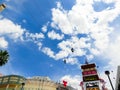 Las Vegas, USA - May 07, 2016: A people riding on the SlotZilla zip line attraction at the Fremont Street Experience. Royalty Free Stock Photo