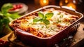 Lasagna in baking dish on the table in the restaurant. Generative Ai