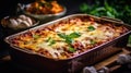 Lasagna in baking dish on the table in the restaurant. Generative Ai