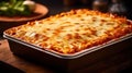 Lasagna in baking dish on the table in the restaurant. Generative Ai