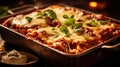 Lasagna in baking dish on the table in the restaurant. Generative Ai