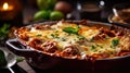 Lasagna in baking dish on the table in the restaurant. Generative Ai