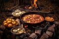 lasagna ingredients arranged around open fire dutch oven