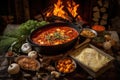 lasagna ingredients arranged around open fire dutch oven