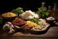 lasagna ingredients arranged on a wooden table