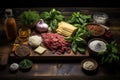 lasagna ingredients arranged on a wooden table