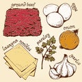 Lasagna ingredients hand drawn set