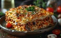 Lasagna with minced meat mushrooms tomatoes cheese and pasta in metal plate Royalty Free Stock Photo