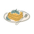 Lasagna on a plate with fork and spinach leaf, vector isolated line art illustration of italian food Royalty Free Stock Photo