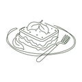 Lasagna on a plate with fork and spinach leaf, vector isolated line art illustration of italian food. Royalty Free Stock Photo