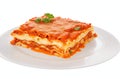 Lasagna on a plate isolated on transparent or white background