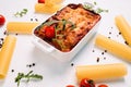 Lasagna portion white background italian food