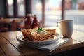 Lasagna on the table in a cafe. AI generative