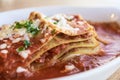 Lasagna. Tasty dish. Red sauce. Blurred Background