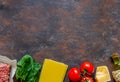 Lasagna, tomatoes, minced meat and other ingredients. Dark background. Italian cuisine