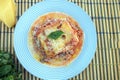 Lasagna white and bolognese sauce with parmesan cheese, pasta, tomato, basil, herbs, delicious food from Italian and French