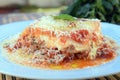 Lasagna white and bolognese sauce with parmesan cheese, pasta, tomato, basil, herbs, delicious food from Italian and French