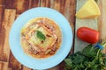 Lasagna white and bolognese sauce with parmesan cheese, pasta, tomato, basil, herbs, delicious food from Italian and French