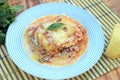 Lasagna white and bolognese sauce with parmesan cheese, pasta, tomato, basil, herbs, delicious food from Italian and French