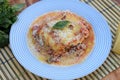 lasagna white and bolognese sauce with parmesan cheese, pasta, tomato, basil, herbs, delicious food from Italian and French