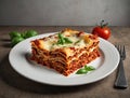 Lasagne slice on white plate - delicious tradition Italian meal illustration