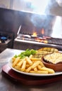 Lasagne verdi with chips and side salad and garlic bread Royalty Free Stock Photo