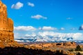 LaSal Mountain Range in snowstorm viewed from Arches National Park, Utah