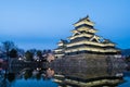 Lascape Matsumoto castle water reflection open light up in sunset time with sakura trees around, castle is famous premier historic Royalty Free Stock Photo
