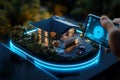 A laser-based security system that creates a virtual fence around a futuristic home, visible on a smart device where the homeowner