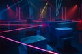 laser beams crisscrossing in a dark room with obstacles