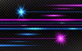 Laser beams set. Pink and blue horizontal light rays. Abstract bright lines on transparent background. Pack of beams on