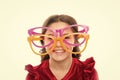 Laser correction. Eye exercises to improve eyesight. Girl kid wear big eyeglasses. Eyesight and health. Optics and